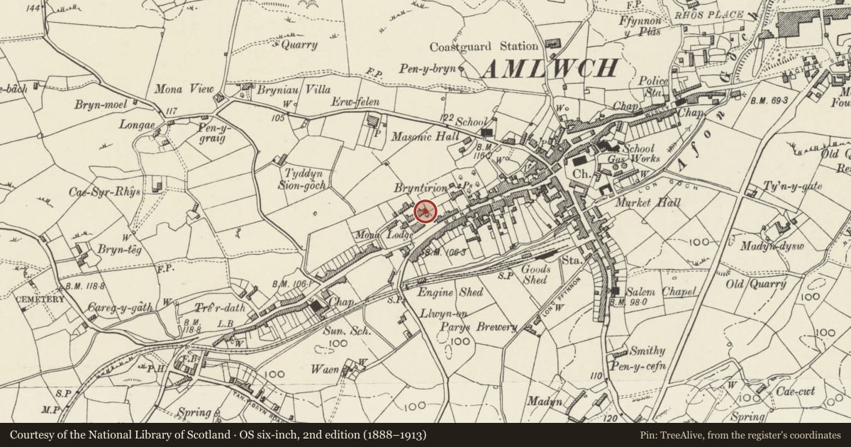 Ordnance Survey six-inch map, 2nd edition (1888–1913) covering the location of Former stables-coachhouse at Mona Lodge, Amlwch, Isle of Anglesey, with a pin at the register's coordinates