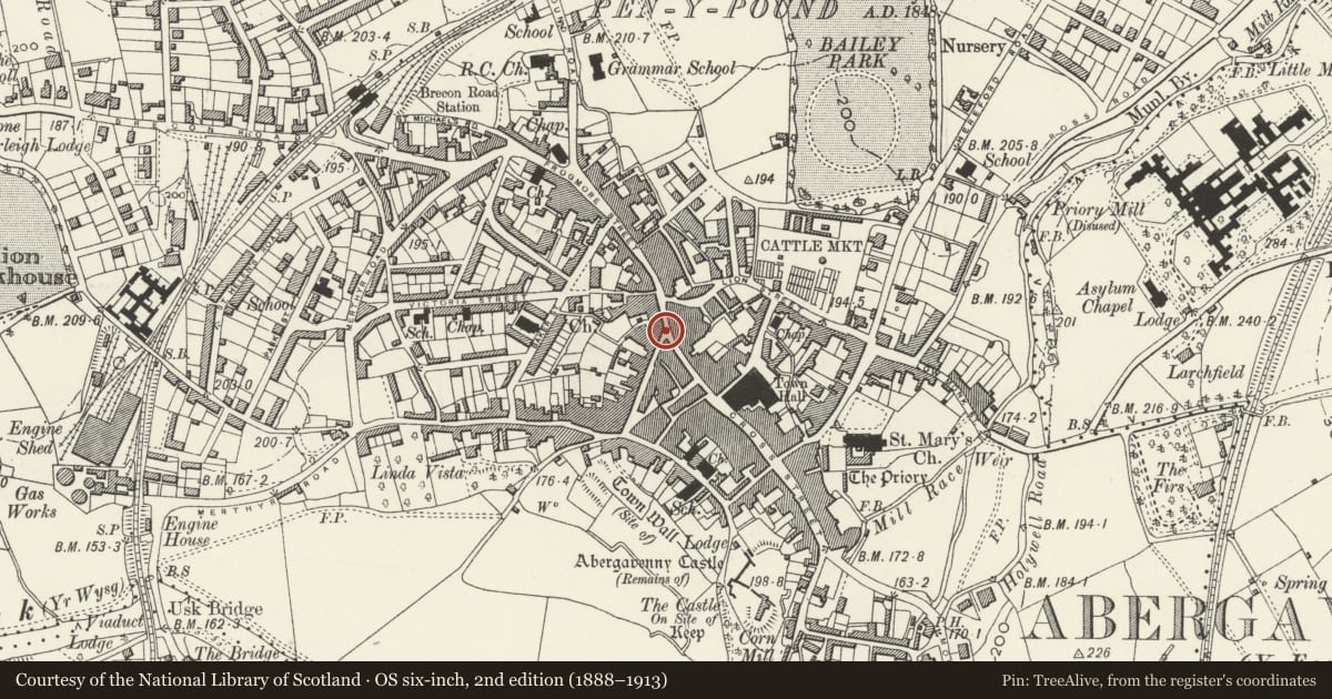 Ordnance Survey six-inch map, 2nd edition (1888–1913) covering the location of 1 Nevill Street, Abergavenny, Monmouthshire, with a pin at the register's coordinates