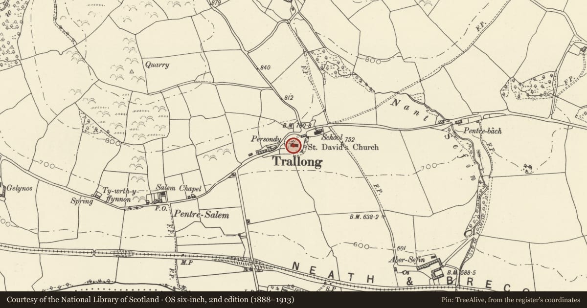 Ordnance Survey six-inch map, 2nd edition (1888–1913) covering the location of Church of St David, Trallong, Powys, with a pin at the register's coordinates
