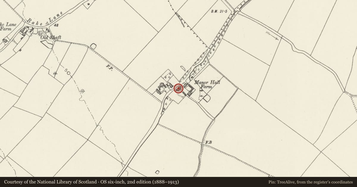 Ordnance Survey six-inch map, 2nd edition (1888–1913) covering the location of Manor House, Broughton and Bretton, Flintshire, with a pin at the register's coordinates