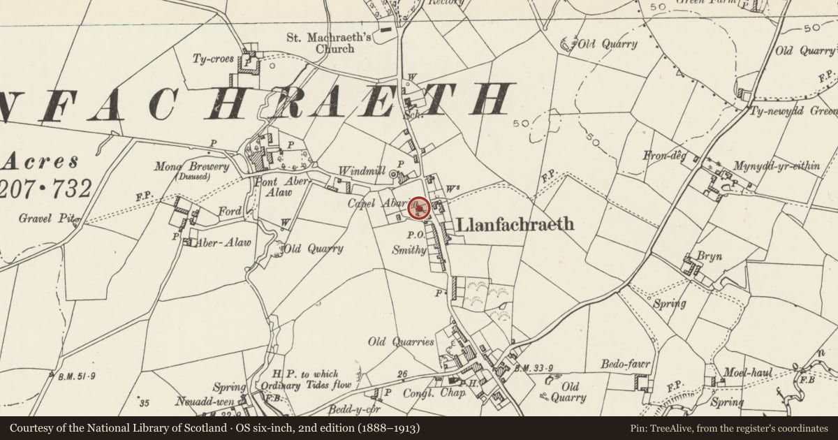 Ordnance Survey six-inch map, 2nd edition (1888–1913) covering the location of Capel Abarim, Llanfachraeth, Isle of Anglesey, with a pin at the register's coordinates