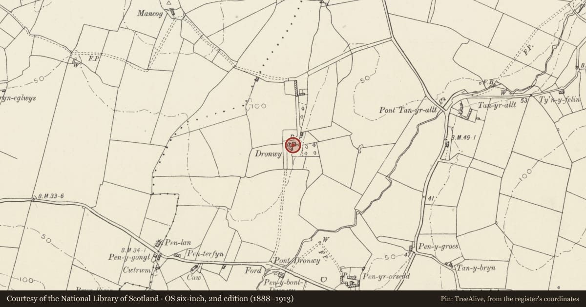Ordnance Survey six-inch map, 2nd edition (1888–1913) covering the location of Stable-cartshed with servant's loft, Dronwy, Llanfachraeth, Isle of Anglesey, with a pin at the register's coordinates