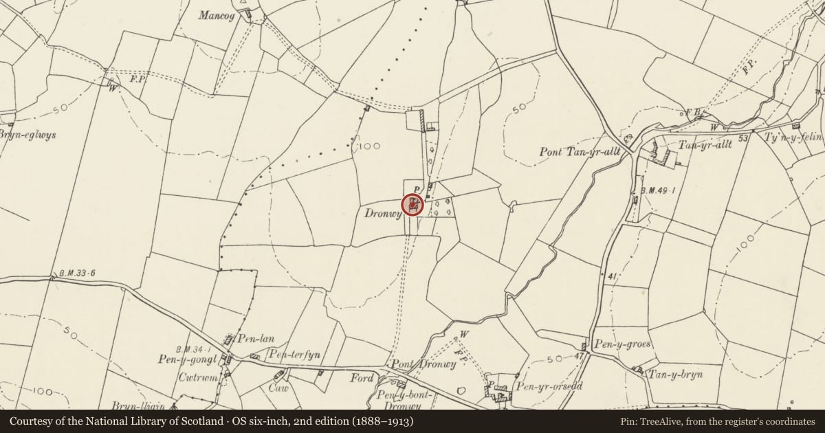 Ordnance Survey six-inch map, 2nd edition (1888–1913) covering the location of Dronwy, Llanfachraeth, Isle of Anglesey, with a pin at the register's coordinates