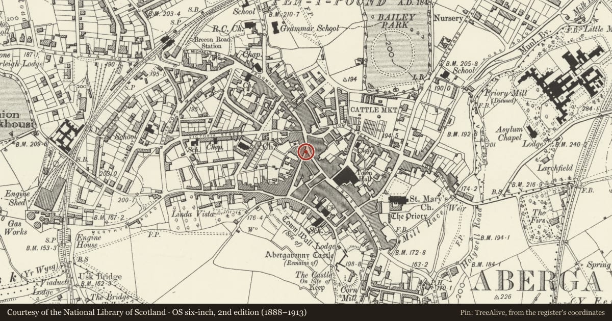 Ordnance Survey six-inch map, 2nd edition (1888–1913) covering the location of 3 Nevill Street, Abergavenny, Monmouthshire, with a pin at the register's coordinates