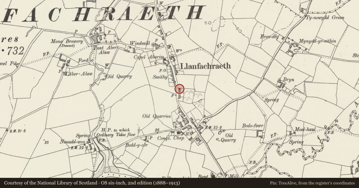 Ordnance Survey six-inch map, 2nd edition (1888–1913) covering the location of Bryn Glas, Llanfachraeth, Isle of Anglesey, with a pin at the register's coordinates