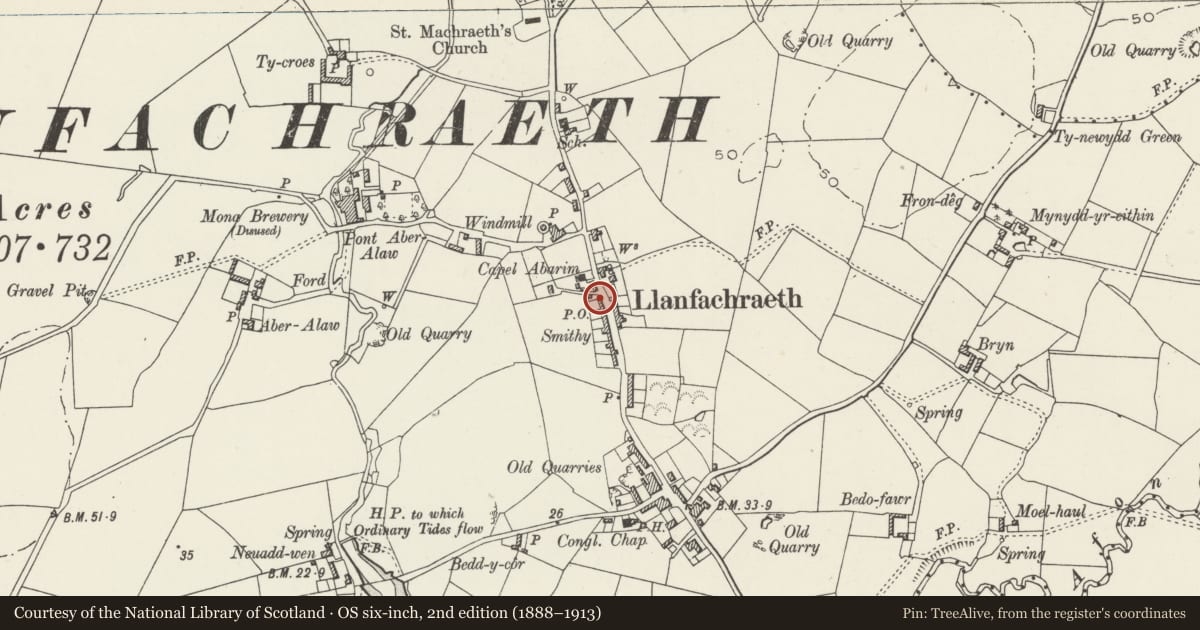 Ordnance Survey six-inch map, 2nd edition (1888–1913) covering the location of Cross Keys, Llanfachraeth, Isle of Anglesey, with a pin at the register's coordinates