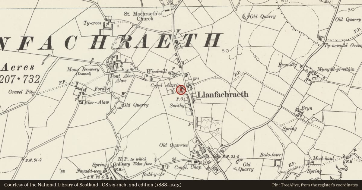 Ordnance Survey six-inch map, 2nd edition (1888–1913) covering the location of Chapel house and outbuilding, Capel Abarim, Llanfachraeth, Isle of Anglesey, with a pin at the register's coordinates