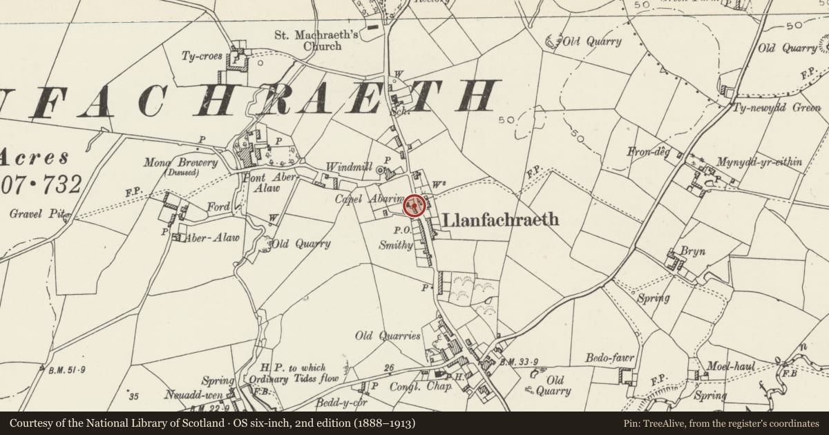 Ordnance Survey six-inch map, 2nd edition (1888–1913) covering the location of Wall, railings and gates, Capel Abarim, Llanfachraeth, Isle of Anglesey, with a pin at the register's coordinates