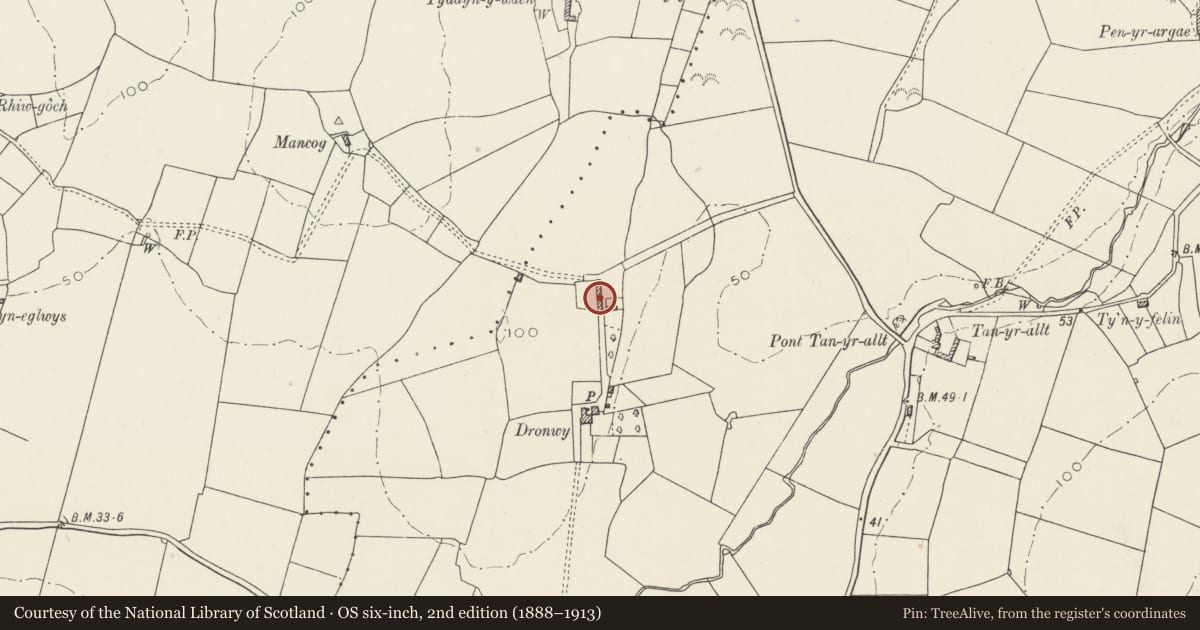 Ordnance Survey six-inch map, 2nd edition (1888–1913) covering the location of Cornbarn range, Dronwy, Llanfachraeth, Isle of Anglesey, with a pin at the register's coordinates
