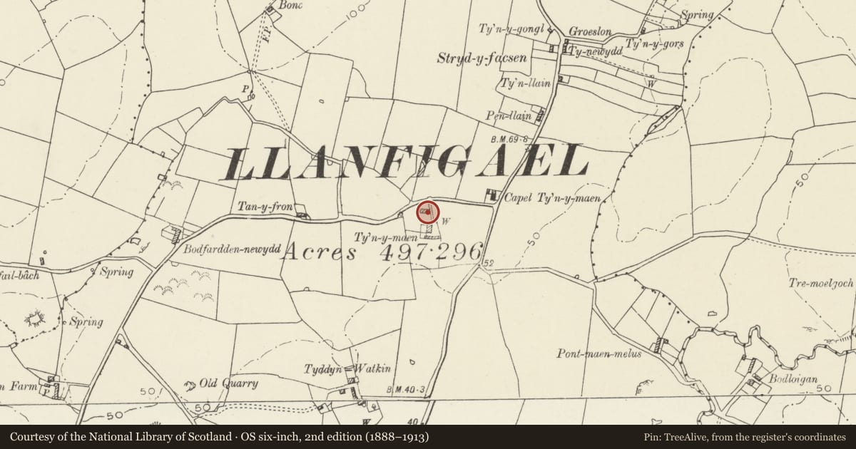 Ordnance Survey six-inch map, 2nd edition (1888–1913) covering the location of Cornbarn Range, Tyn-y-Maen, Llanfachraeth, Isle of Anglesey, with a pin at the register's coordinates