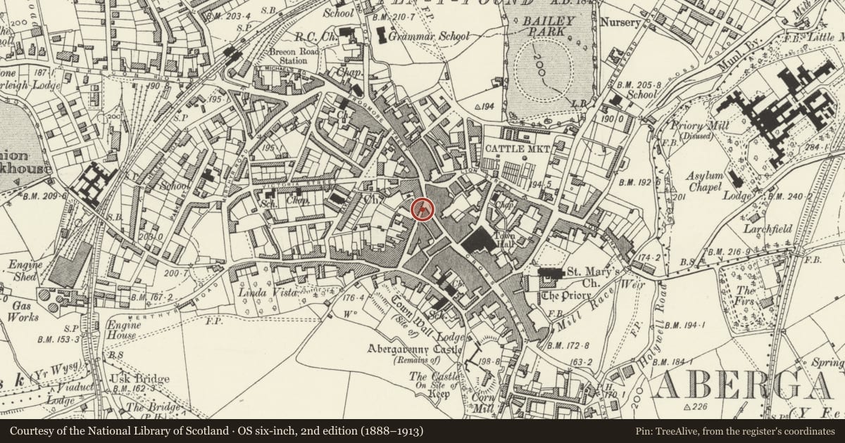 Ordnance Survey six-inch map, 2nd edition (1888–1913) covering the location of 5 Nevill Street, Abergavenny, Monmouthshire, with a pin at the register's coordinates