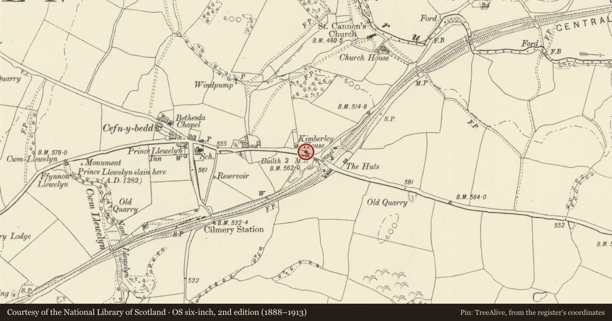 Ordnance Survey six-inch map, 2nd edition (1888–1913) covering the location of Milestone E of Cilmery village, Powys, with a pin at the register's coordinates
