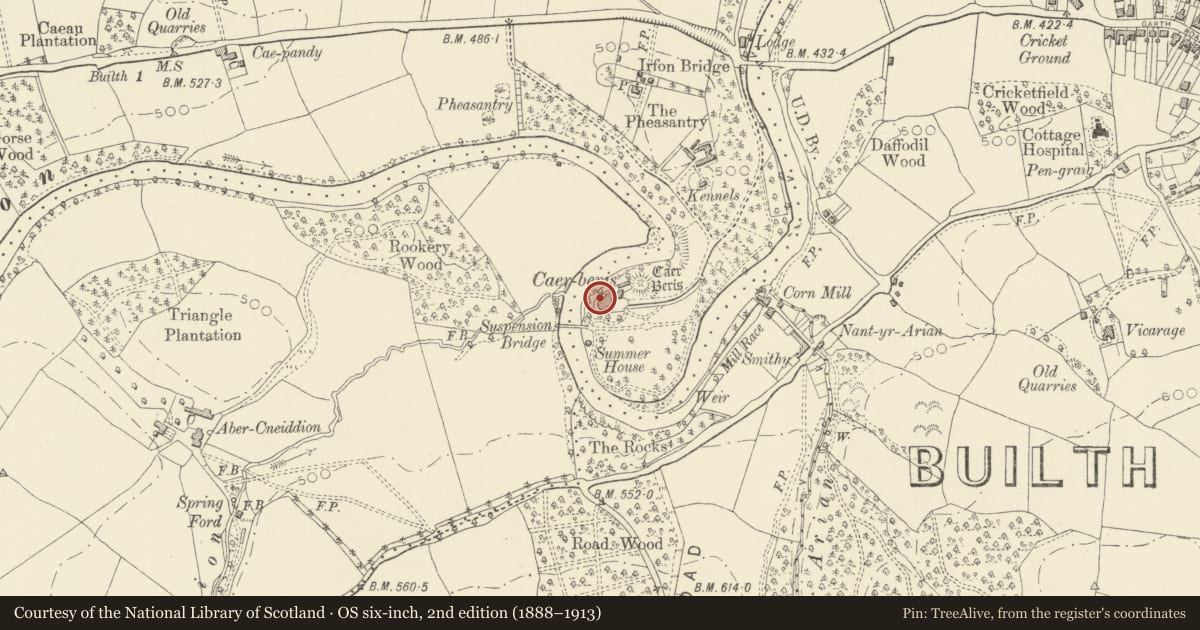 Ordnance Survey six-inch map, 2nd edition (1888–1913) covering the location of Caerberis Manor Hotel, Cilmery, Powys, with a pin at the register's coordinates