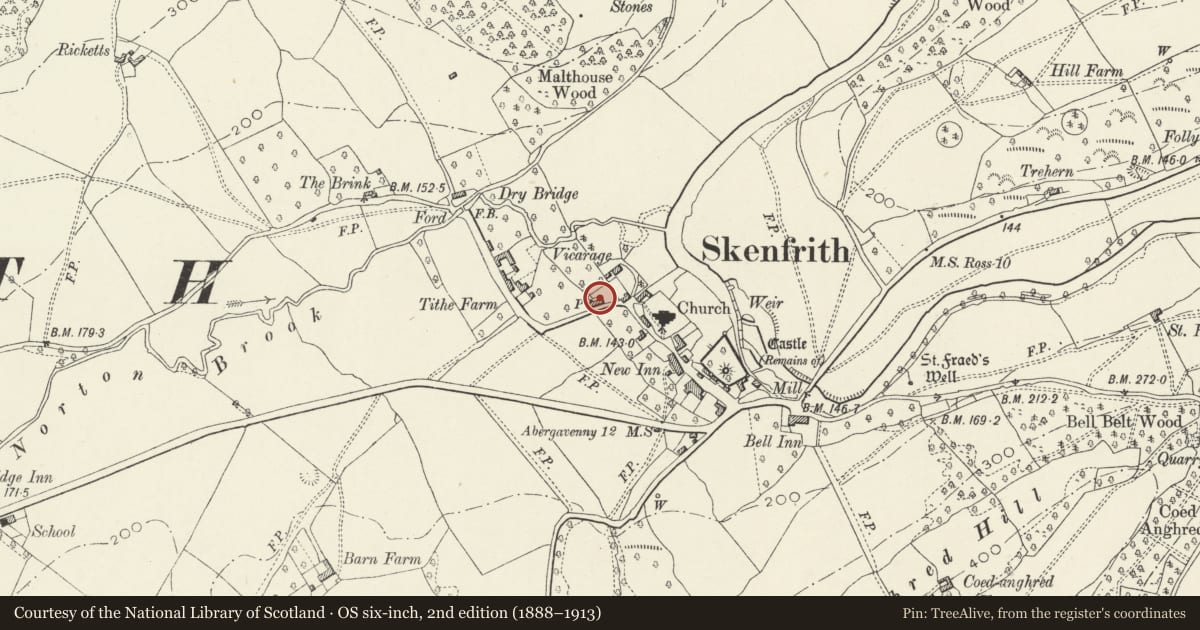 Ordnance Survey six-inch map, 2nd edition (1888–1913) covering the location of Old Vicarage, with attached outbuildings at W end, Skenfrith, Monmouthshire, with a pin at the register's coordinates