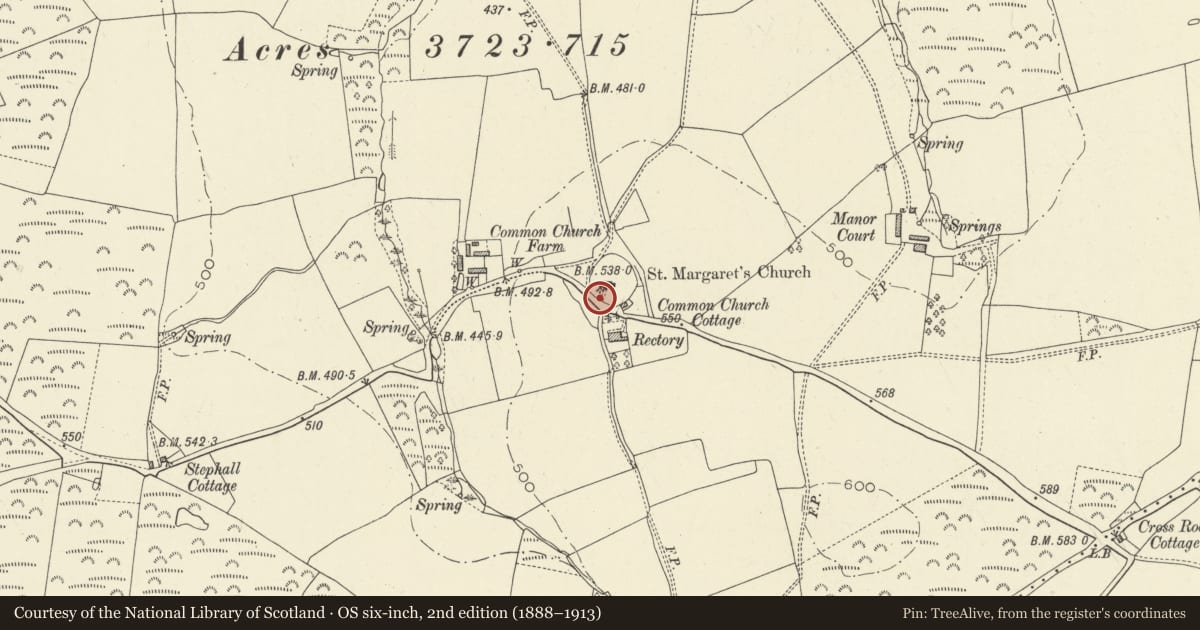 Ordnance Survey six-inch map, 2nd edition (1888–1913) covering the location of Lychgate to churchyard of Church of St Margaret Marloes, Eglwyscummin, Carmarthenshire, with a pin at the register's coordinates