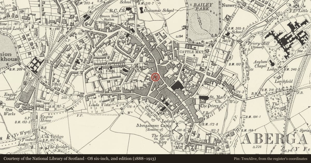 Ordnance Survey six-inch map, 2nd edition (1888–1913) covering the location of 9 Nevill Street, Abergavenny, Monmouthshire, with a pin at the register's coordinates