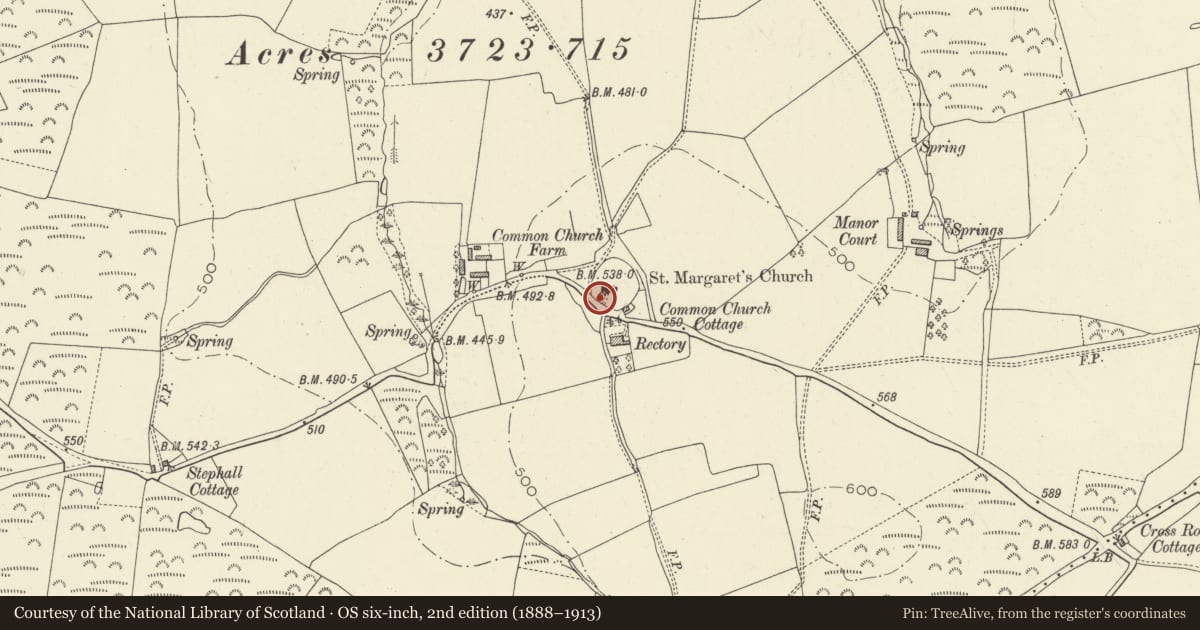 Ordnance Survey six-inch map, 2nd edition (1888–1913) covering the location of Treherne Cross at Church of St Margaret Marloes, Eglwyscummin, Carmarthenshire, with a pin at the register's coordinates