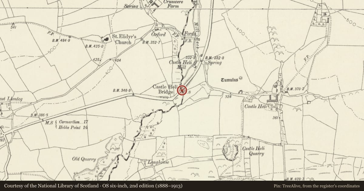 Ordnance Survey six-inch map, 2nd edition (1888–1913) covering the location of Boundary stone near Castle Ely Bridge, Amroth, Pembrokeshire, with a pin at the register's coordinates