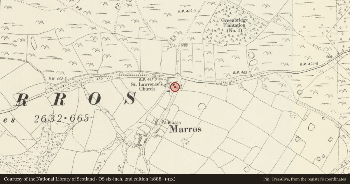 Ordnance Survey six-inch map, 2nd edition (1888–1913) covering the location of Churchyard Cross in churchyard of Church of Saint Lawrence, Eglwyscummin, Carmarthenshire, with a pin at the register's coordinates