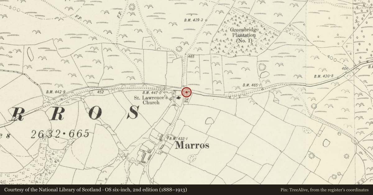 Ordnance Survey six-inch map, 2nd edition (1888–1913) covering the location of The War Memorial, Marros, Eglwyscummin, Carmarthenshire, with a pin at the register's coordinates