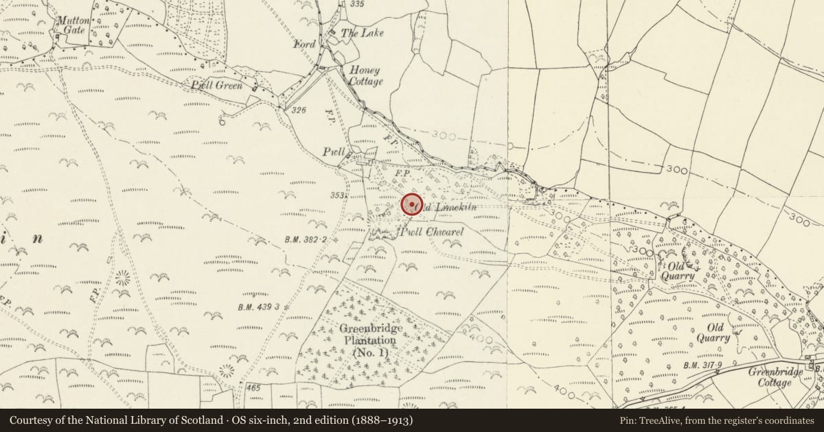 Ordnance Survey six-inch map, 2nd edition (1888–1913) covering the location of Lime kiln SE of Pwll, Eglwyscummin, Carmarthenshire, with a pin at the register's coordinates