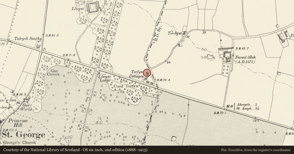 Ordnance Survey six-inch map, 2nd edition (1888–1913) covering the location of 1 Terfyn Cottages, Bodelwyddan, Denbighshire, with a pin at the register's coordinates