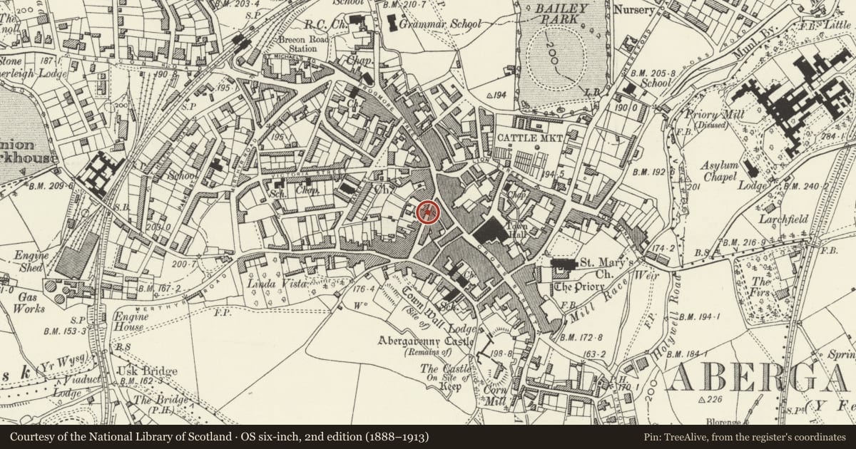 Ordnance Survey six-inch map, 2nd edition (1888–1913) covering the location of 11 Nevill Street, Abergavenny, Monmouthshire, with a pin at the register's coordinates