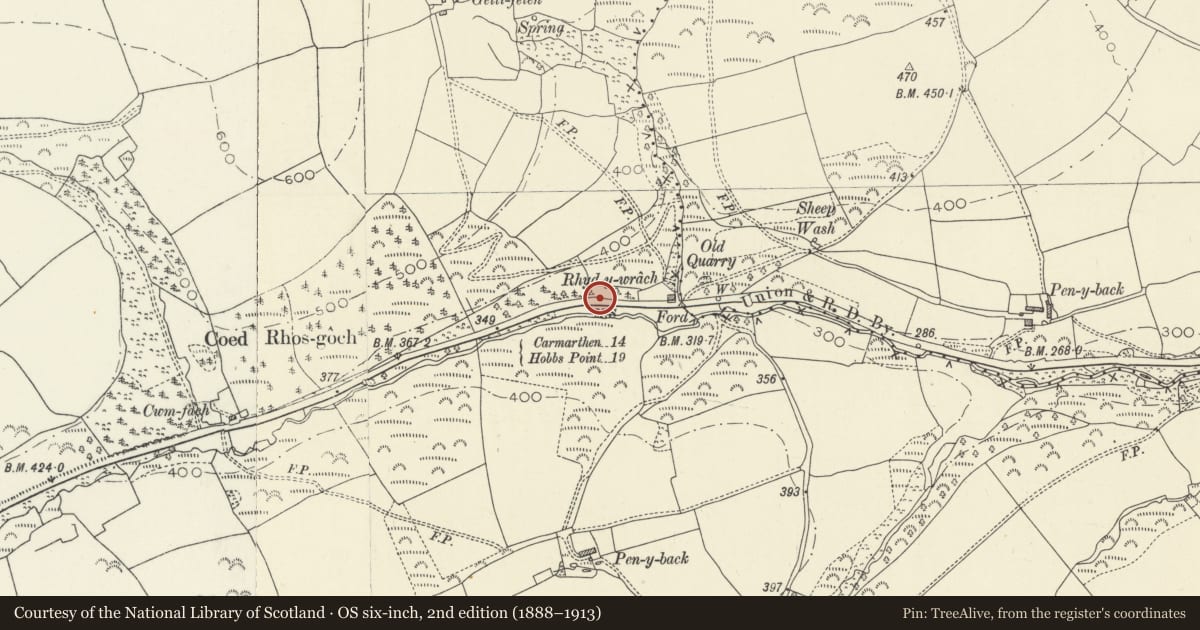 Ordnance Survey six-inch map, 2nd edition (1888–1913) covering the location of Milestone NE of Rhos-goch, Eglwyscummin, Carmarthenshire, with a pin at the register's coordinates