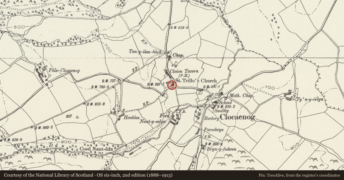 Ordnance Survey six-inch map, 2nd edition (1888–1913) covering the location of War Memorial in St Foddhyd's Churchyard, Clocaenog, Denbighshire, with a pin at the register's coordinates