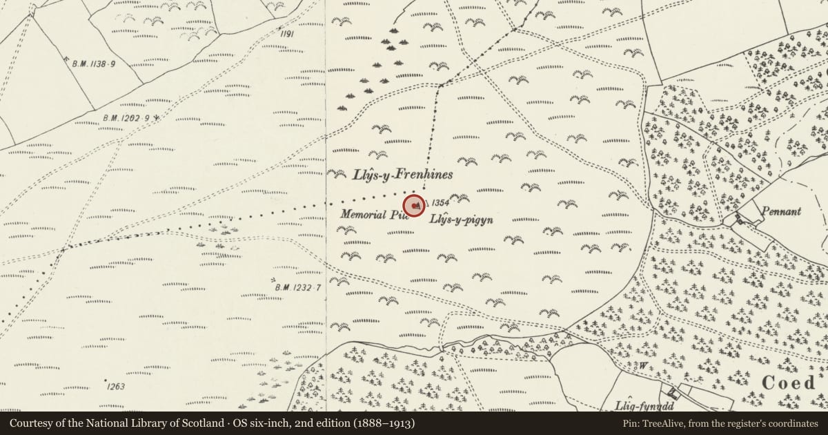 Ordnance Survey six-inch map, 2nd edition (1888–1913) covering the location of Bagot Memorial, Clocaenog, Denbighshire, with a pin at the register's coordinates