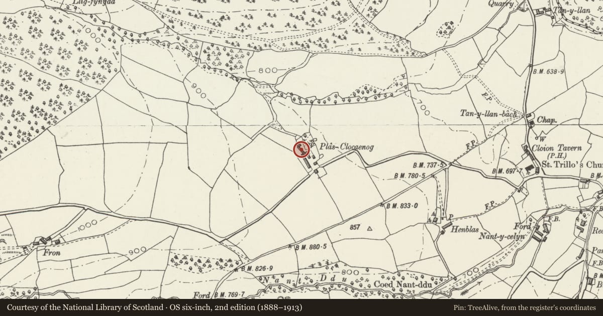 Ordnance Survey six-inch map, 2nd edition (1888–1913) covering the location of Plas Clocaenog Farmhouse with attached outbuildings, Denbighshire, with a pin at the register's coordinates