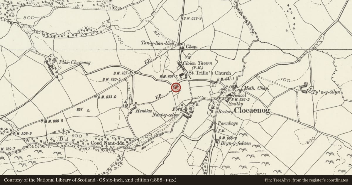 Ordnance Survey six-inch map, 2nd edition (1888–1913) covering the location of Ty Isa, Clocaenog, Denbighshire, with a pin at the register's coordinates