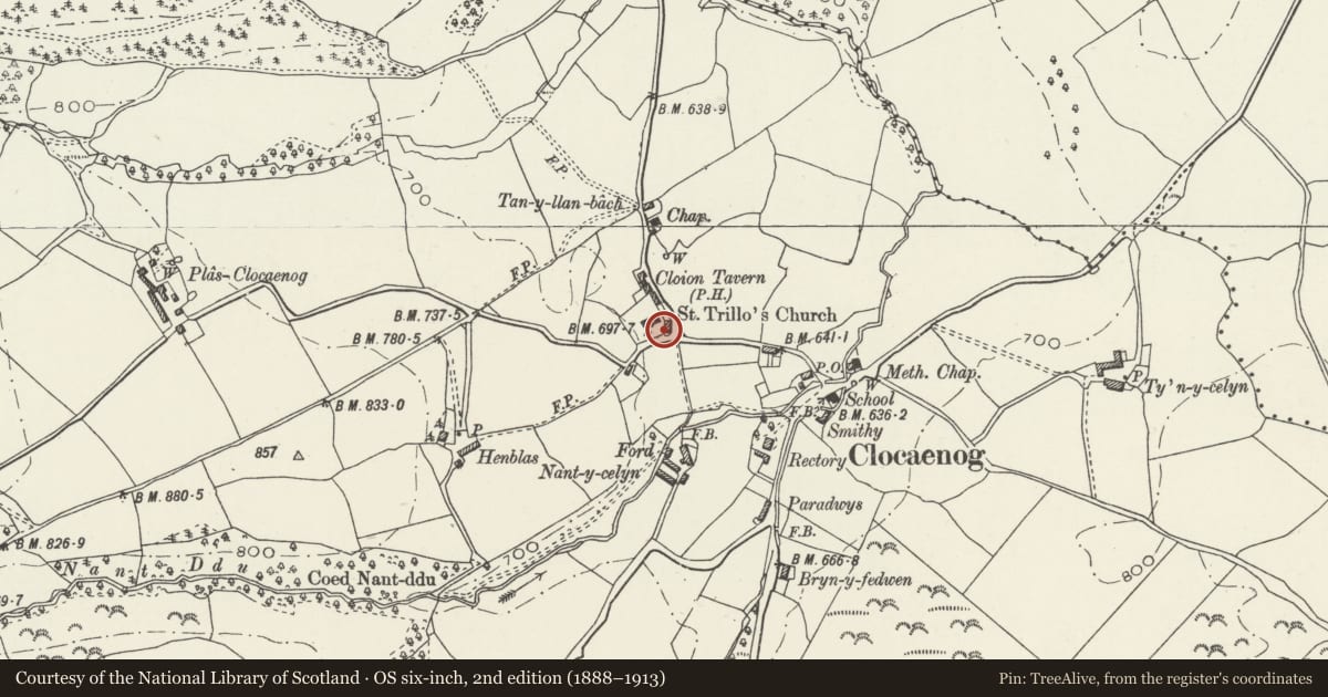 Ordnance Survey six-inch map, 2nd edition (1888–1913) covering the location of Sundial in St Foddhyd's Churchyard, Clocaenog, Denbighshire, with a pin at the register's coordinates