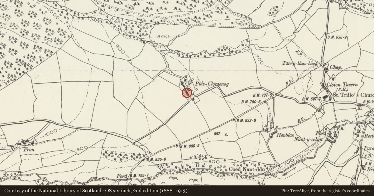 Ordnance Survey six-inch map, 2nd edition (1888–1913) covering the location of Barn Range at Plas Clocaenog, Denbighshire, with a pin at the register's coordinates