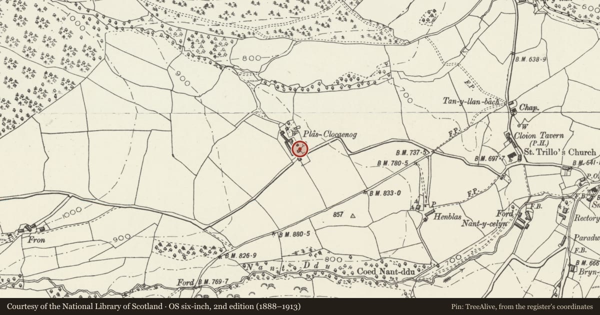 Ordnance Survey six-inch map, 2nd edition (1888–1913) covering the location of Detached Lofted Farm Building at Plas Clocaenog, Denbighshire, with a pin at the register's coordinates