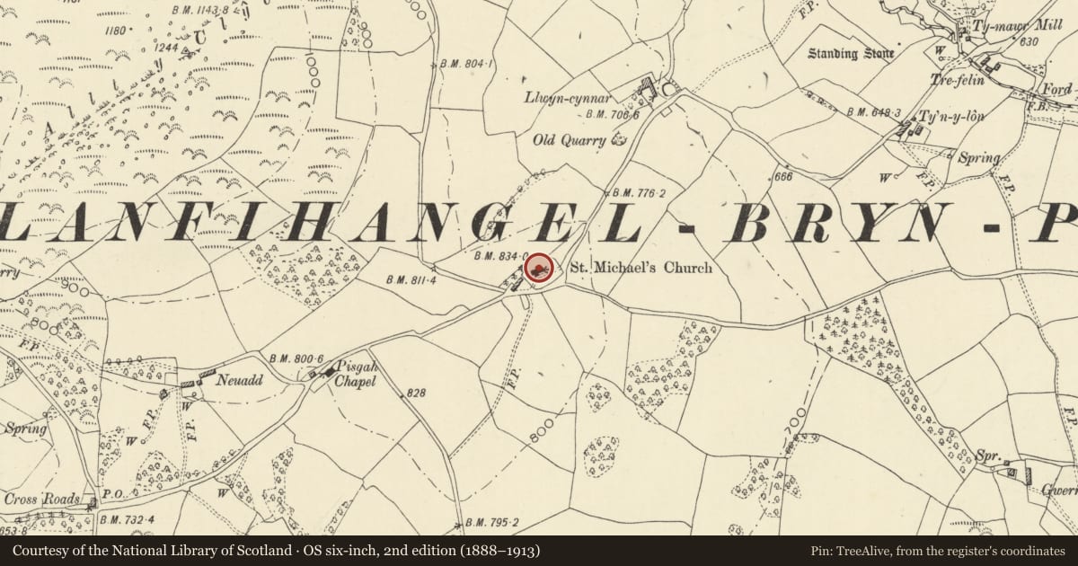 Ordnance Survey six-inch map, 2nd edition (1888–1913) covering the location of Church of St Michael, Llanafanfawr, Powys, with a pin at the register's coordinates