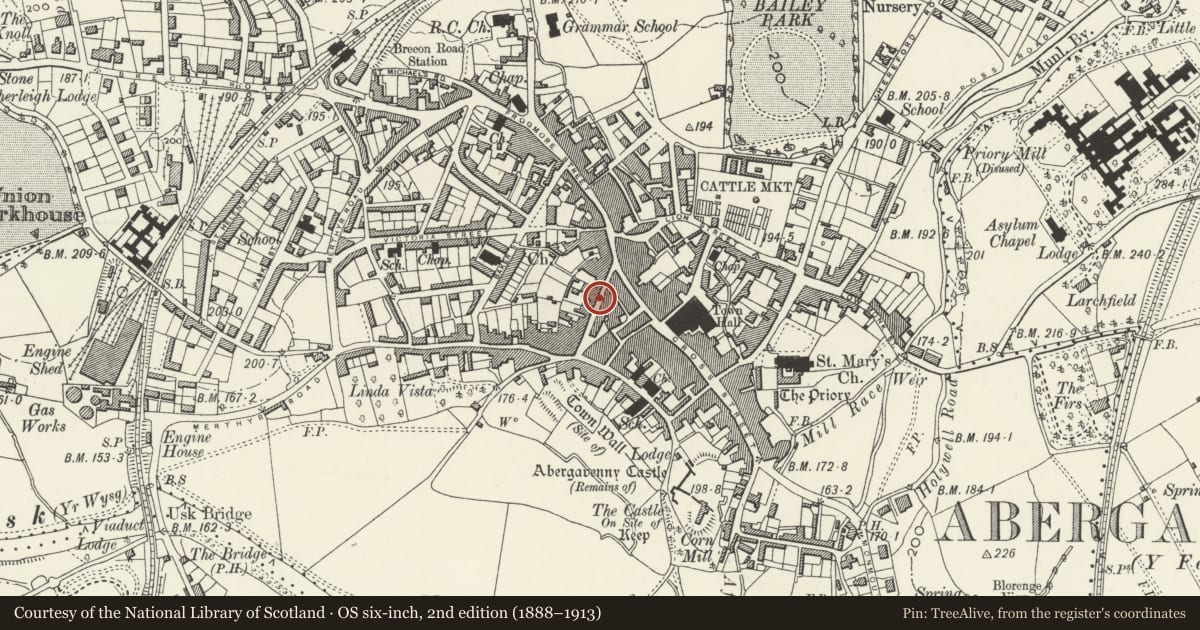 Ordnance Survey six-inch map, 2nd edition (1888–1913) covering the location of 13 Nevill Street, Abergavenny, Monmouthshire, with a pin at the register's coordinates