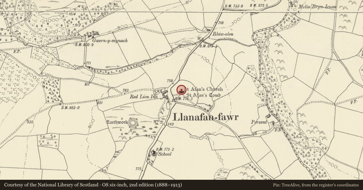 Ordnance Survey six-inch map, 2nd edition (1888–1913) covering the location of Church of St Afan, Llanafanfawr, Powys, with a pin at the register's coordinates