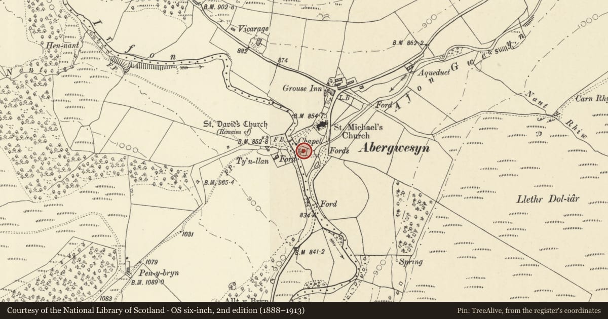 Ordnance Survey six-inch map, 2nd edition (1888–1913) covering the location of Moriah Chapel, Llanwrtyd Wells, Powys, with a pin at the register's coordinates