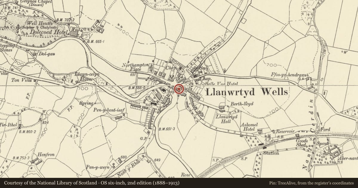 Ordnance Survey six-inch map, 2nd edition (1888–1913) covering the location of Llanwrtyd War Memorial Institute, Llanwrtyd Wells, Powys, with a pin at the register's coordinates