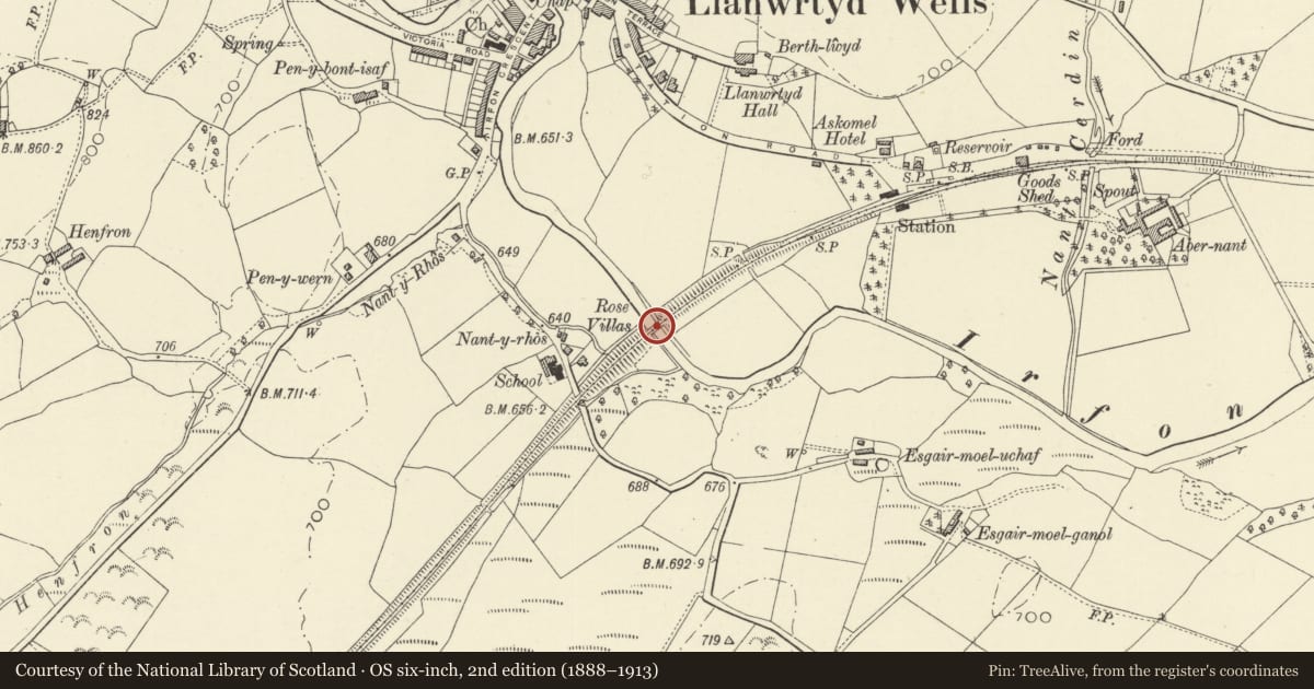Ordnance Survey six-inch map, 2nd edition (1888–1913) covering the location of Railway Bridge over River Irfon, Llanwrtyd Wells, Powys, with a pin at the register's coordinates