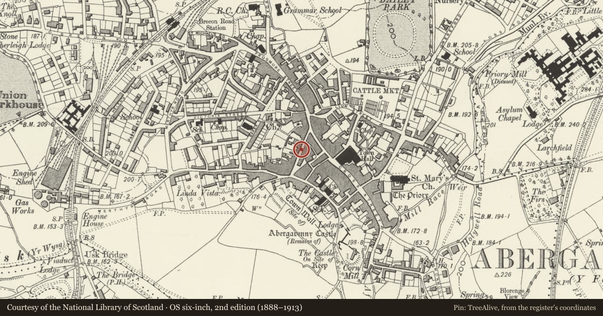Ordnance Survey six-inch map, 2nd edition (1888–1913) covering the location of Claremont House, Abergavenny, Monmouthshire, with a pin at the register's coordinates