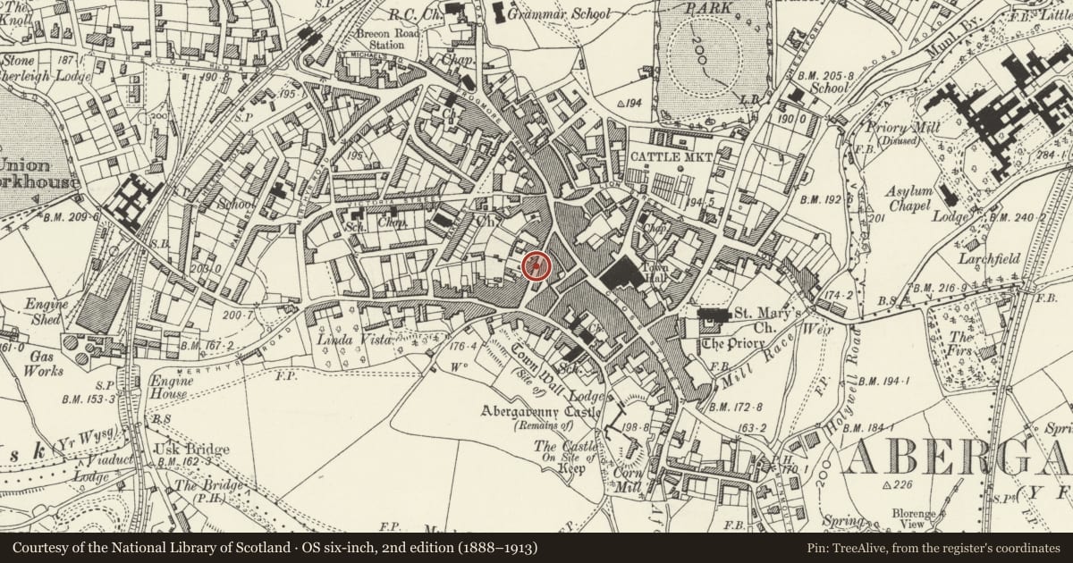 Ordnance Survey six-inch map, 2nd edition (1888–1913) covering the location of 17 Nevill Street, Abergavenny, Monmouthshire, with a pin at the register's coordinates