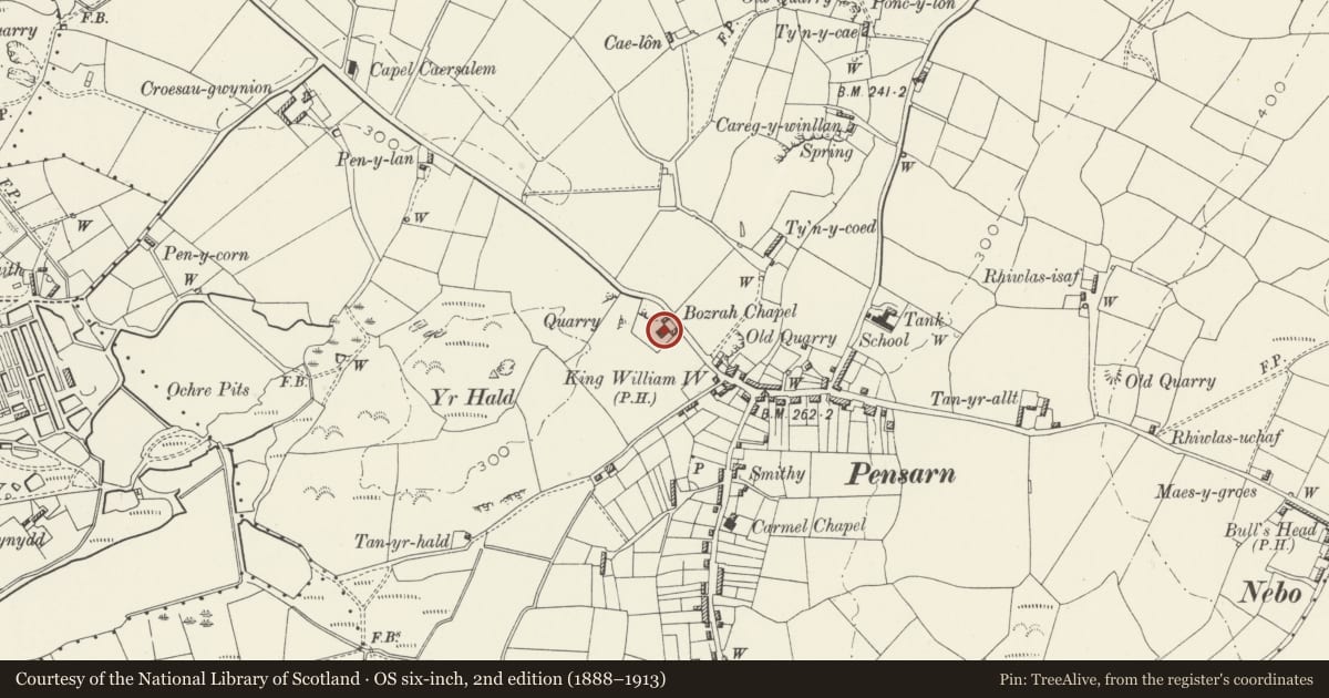 Ordnance Survey six-inch map, 2nd edition (1888–1913) covering the location of Capel Bozrah, Llaneilian, Isle of Anglesey, with a pin at the register's coordinates