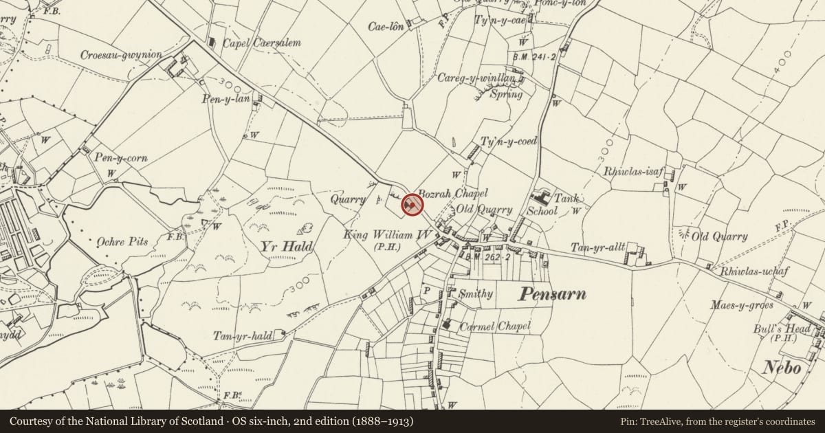 Ordnance Survey six-inch map, 2nd edition (1888–1913) covering the location of Ty Capel Bozrah, Llaneilian, Isle of Anglesey, with a pin at the register's coordinates