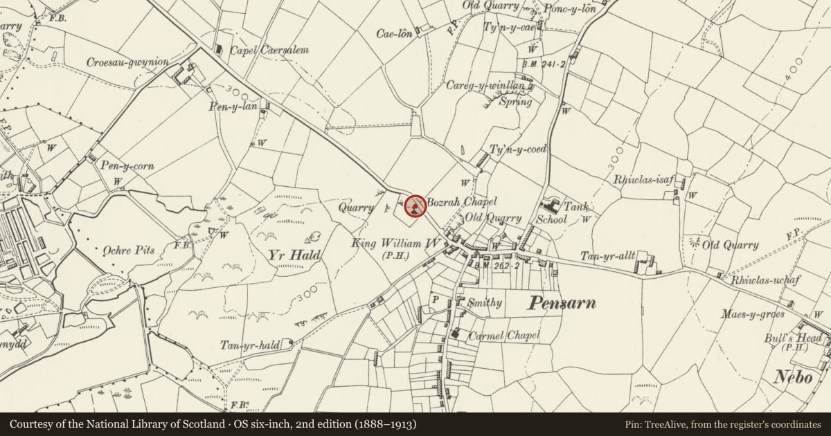 Ordnance Survey six-inch map, 2nd edition (1888–1913) covering the location of School Room and Store at Capel Bozrah, Llaneilian, Isle of Anglesey, with a pin at the register's coordinates