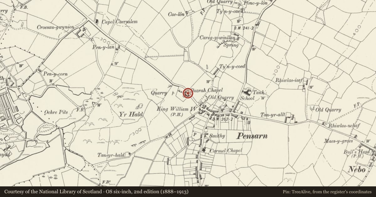 Ordnance Survey six-inch map, 2nd edition (1888–1913) covering the location of Railings to yard at Capel Bozrah, Llaneilian, Isle of Anglesey, with a pin at the register's coordinates