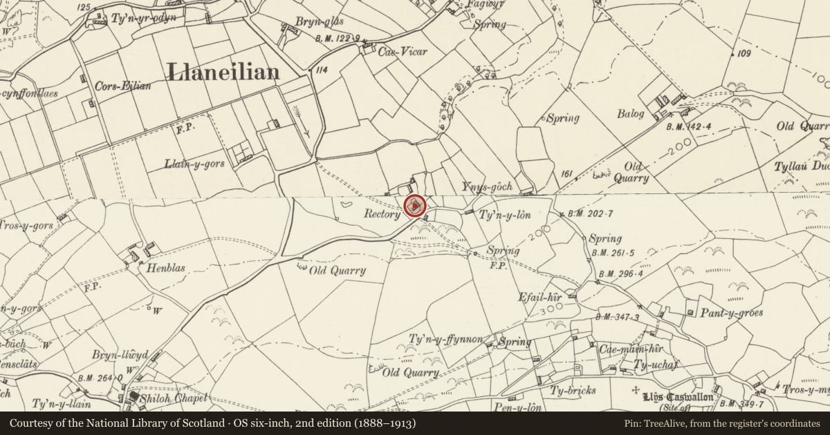Ordnance Survey six-inch map, 2nd edition (1888–1913) covering the location of Rectory, Llaneilian, Isle of Anglesey, with a pin at the register's coordinates
