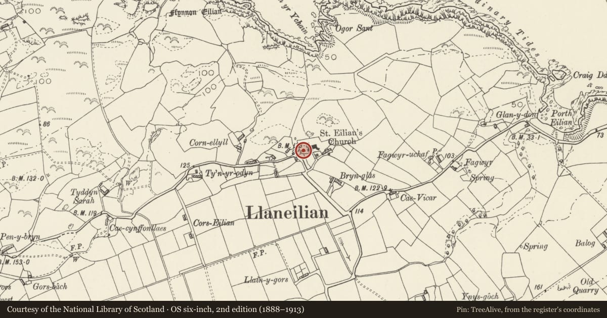 Ordnance Survey six-inch map, 2nd edition (1888–1913) covering the location of Lychgate at W entrance to Church of St Eilian, Llaneilian, Isle of Anglesey, with a pin at the register's coordinates