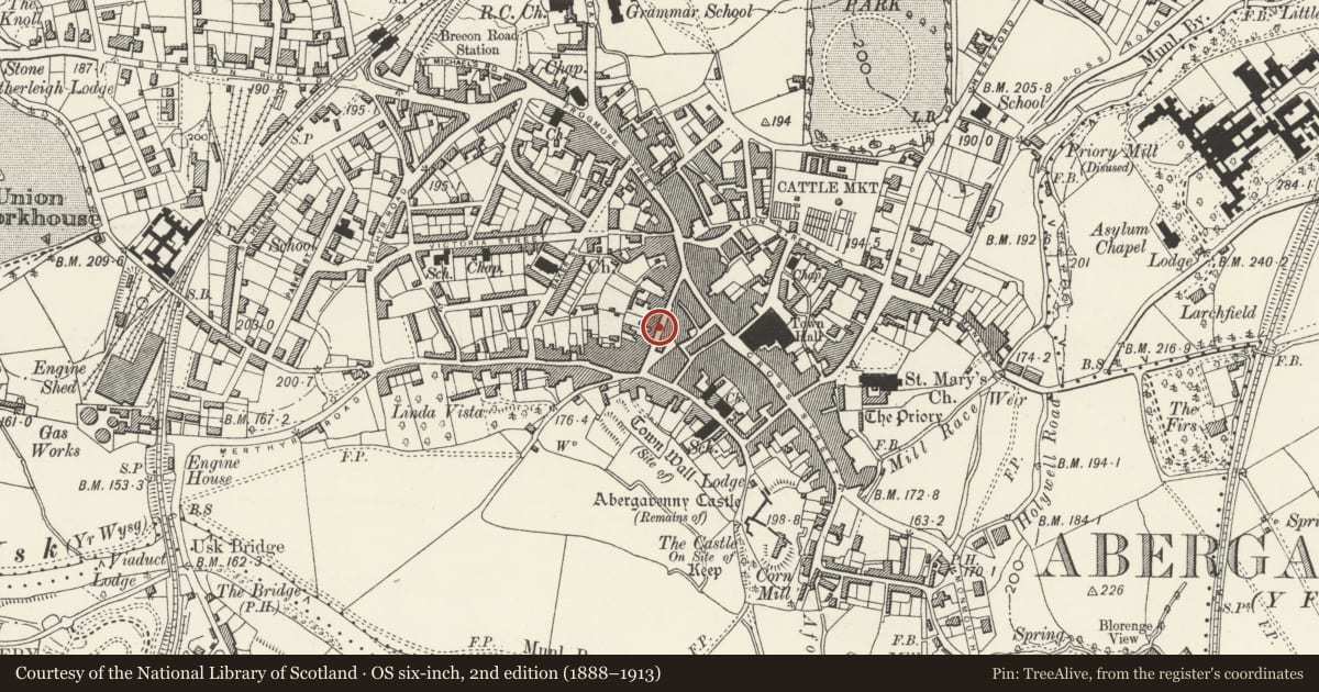 Ordnance Survey six-inch map, 2nd edition (1888–1913) covering the location of 19 Nevill Street, Abergavenny, Monmouthshire, with a pin at the register's coordinates